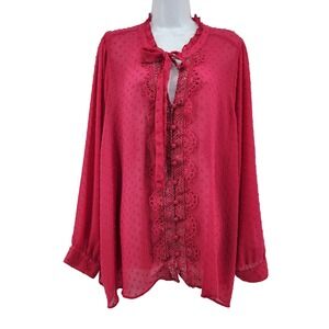 Torrid Pink‎ Swiss Dot Lace Trim Tie Neck Sheer Blouse Size 4 (4X) Boho Romantic